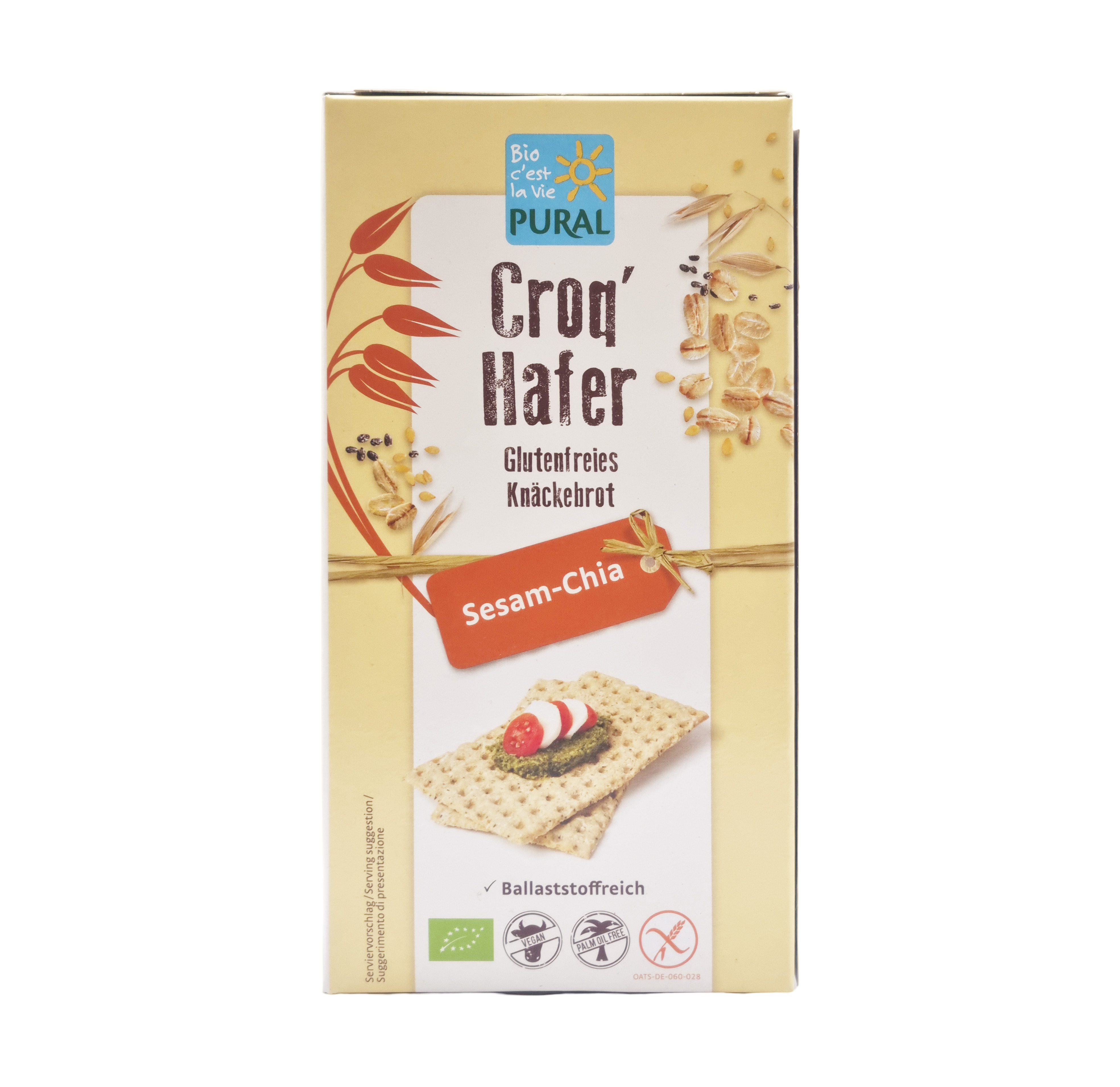 Croq'Hafer Knäckebrot Sesam Chia mit glutenfreiem Hafer Bio 160g Pural 