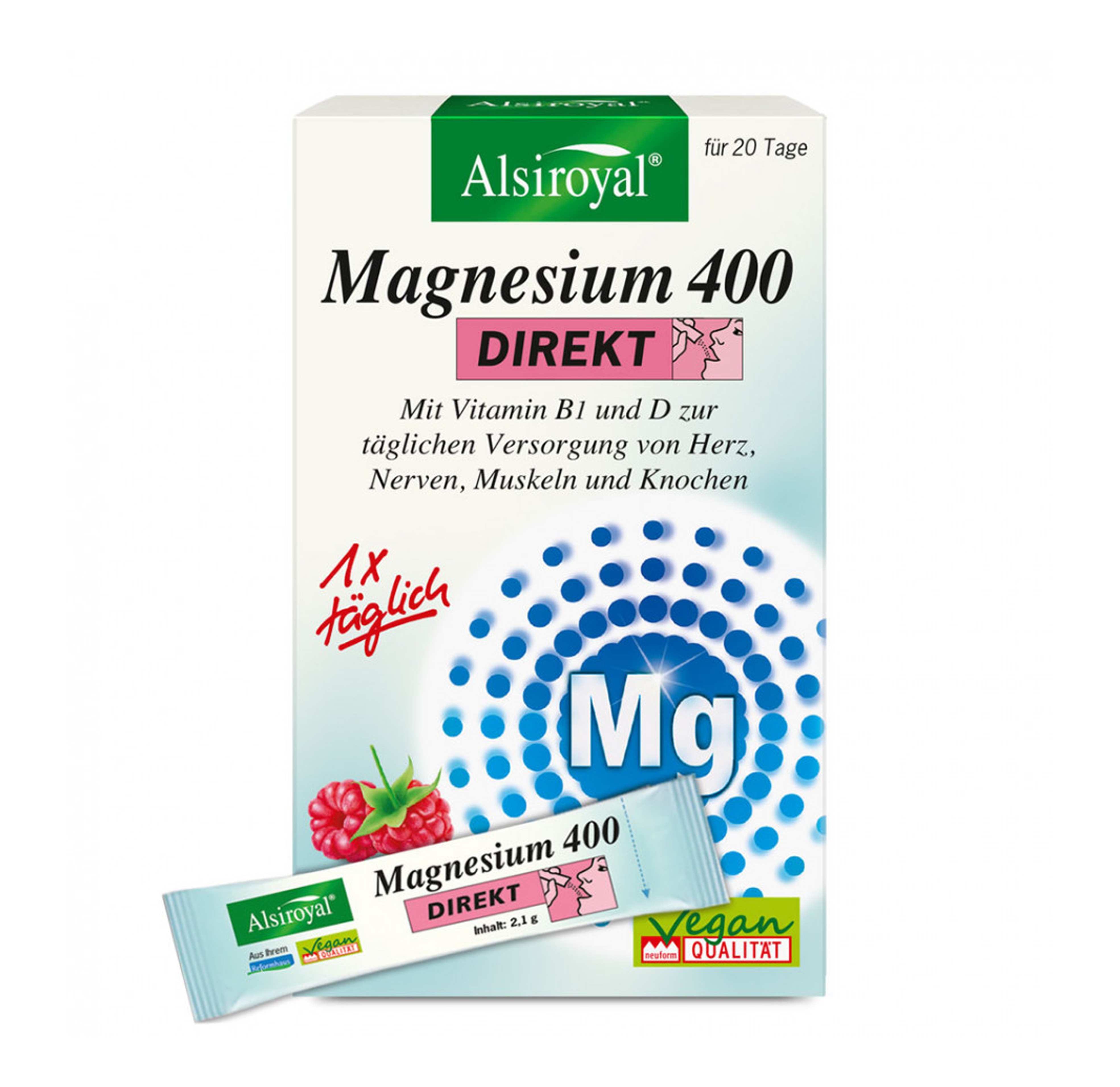 Magnesium 400 Direkt Himbeere 20 Stück Alsiroyal 