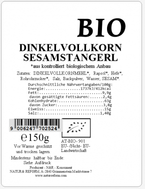Bio Dinkel-Vollkorn Sesamstangerl 150g Natur & Reform